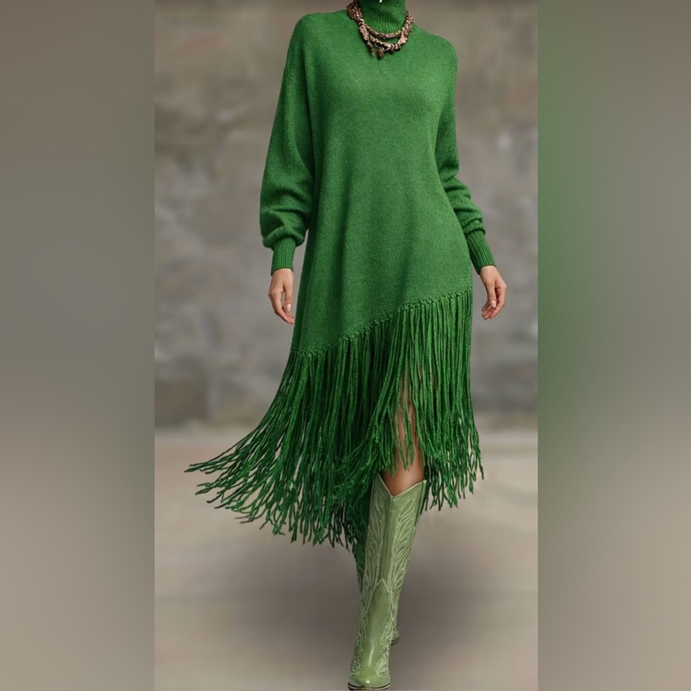 Green Fringe Sweater Dress